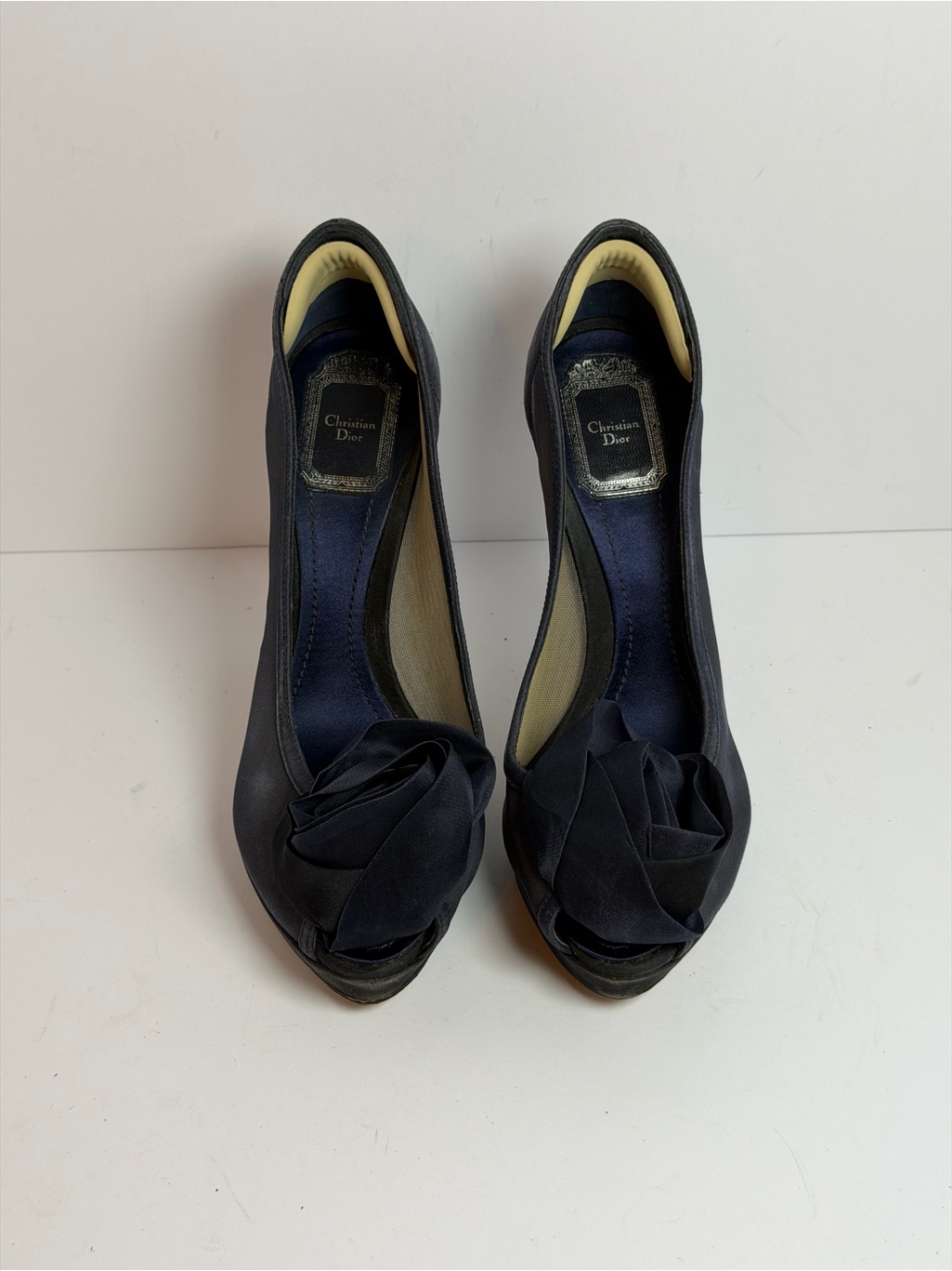 Christian Dior Navy Satin Mesh Peep-Toe Heels Size 38
